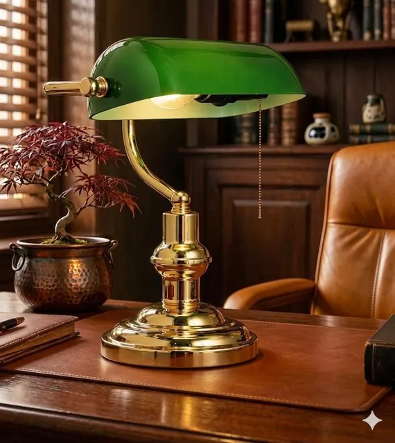 Brass banker's desk lamp with a green glass shade on a wooden desk